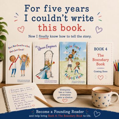 The image shows the first 3 books from award winning children's author, Suzanne Hemming. there is a space where book 4 should sit. And the working says: for 5 years I couldn't write this book. Now I finally know how to tell the story. It then invites the reader to become a founding member and pre oder the book.